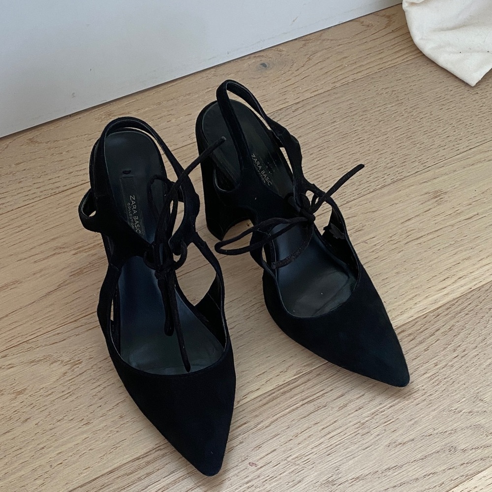 Zara Black Pointed Lace-Up Heels